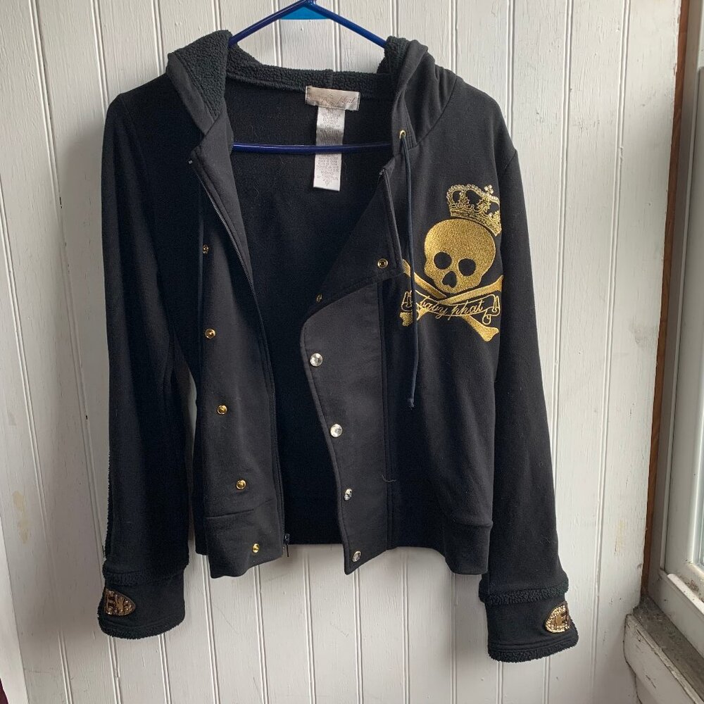 Baby Phat Black Skull Gold Crown Graphic Print Spell out Hoodie Zip Snap S Glam